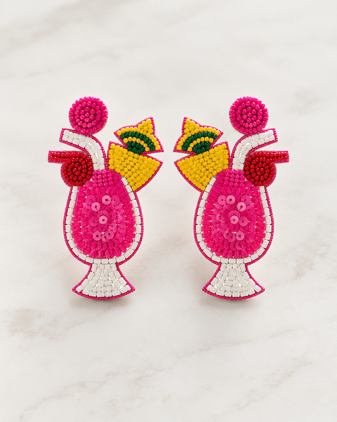 Pink Tropical Cocktail Beaded Statement Earrings